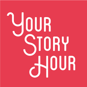 Your Story Hour logo with their name written in white letters on a red background.