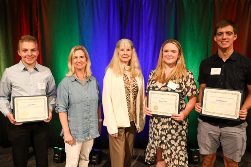 Laurie Peapples and Erin Lehmann with 2023 recipients Jacob Haygood, Gracyn Shoaf and Calab Burch.