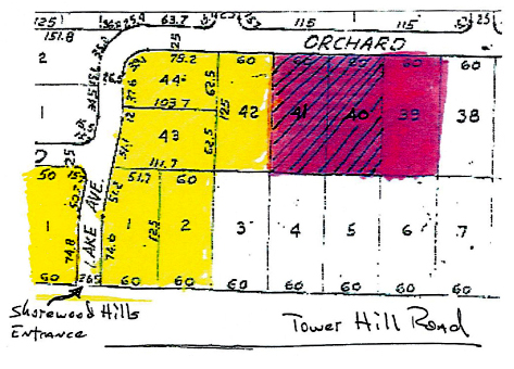 Hand drawn image of numbered property parcels in the Tower Hill community.