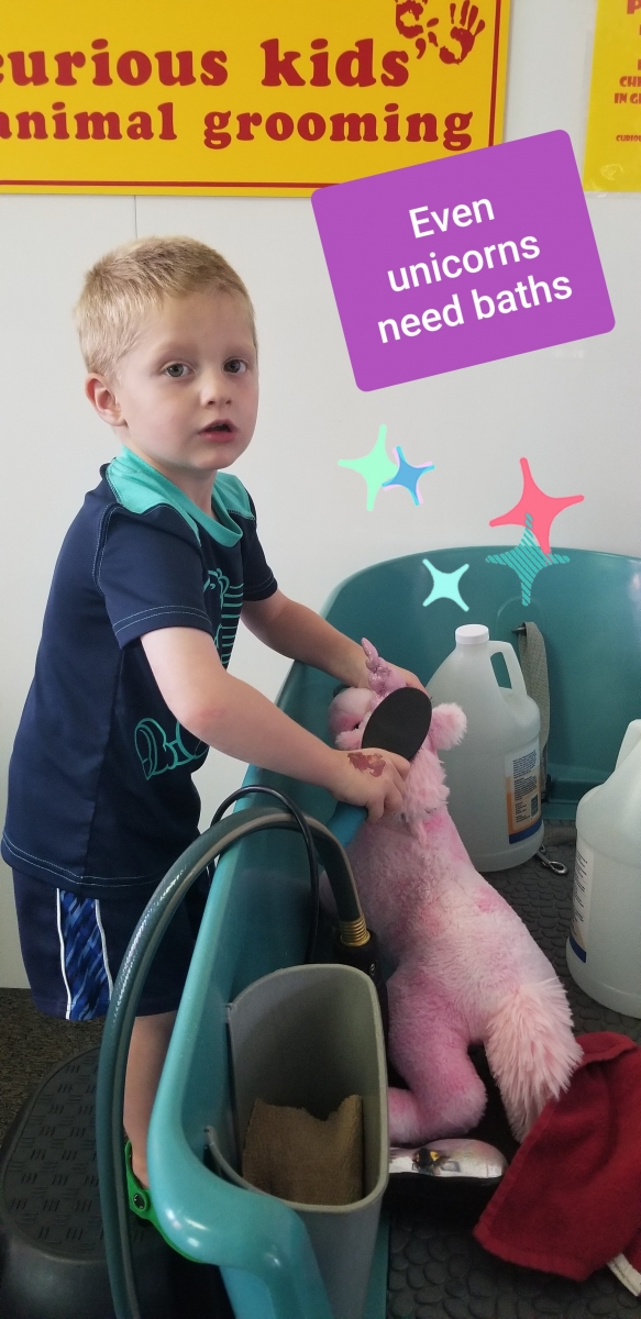 A young boy playing with stuffed animals. Text on photo says, "Even unicorns need baths."