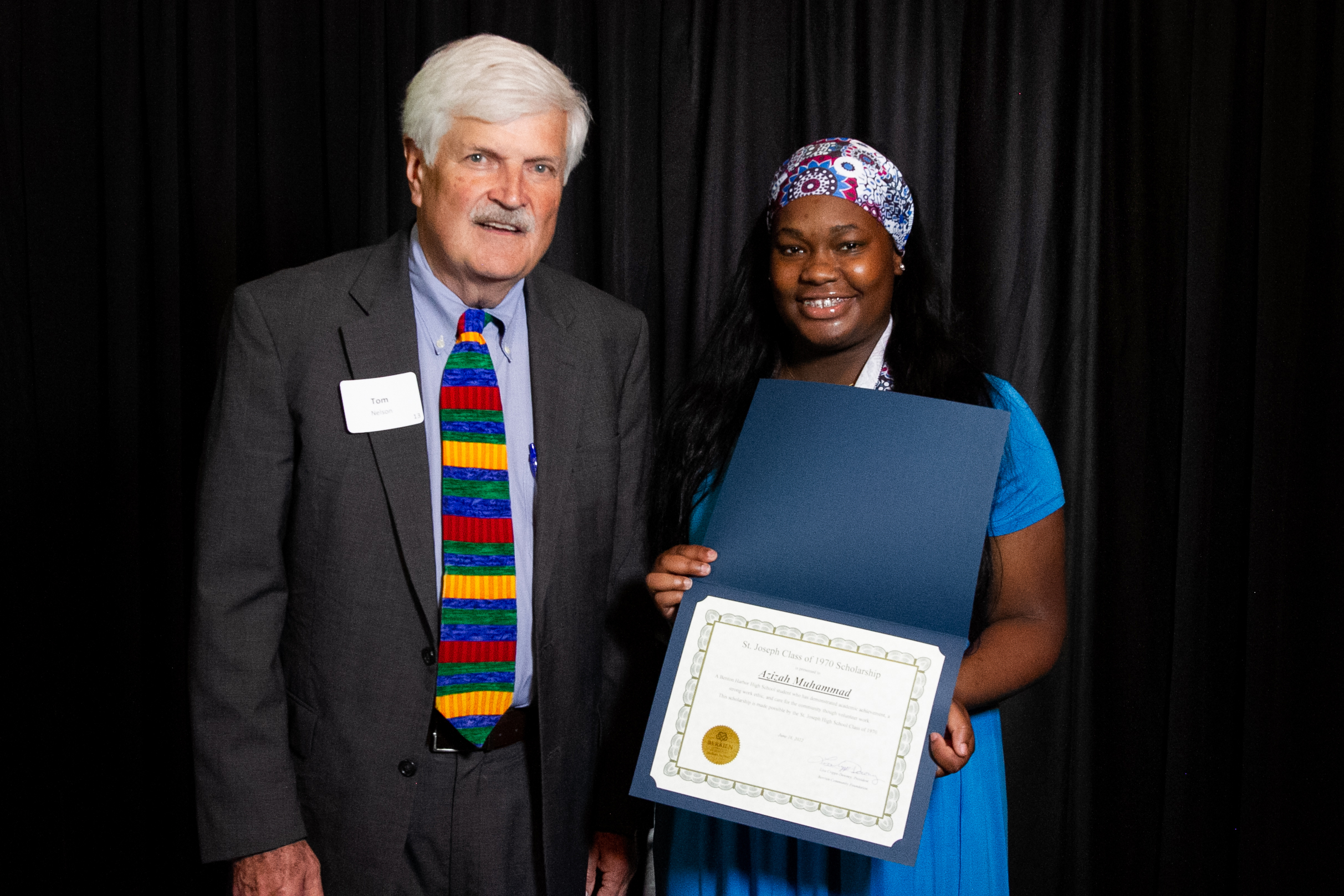 BCF Board Member Tom Nelson with 2022 recipient Azizah Muhammad.