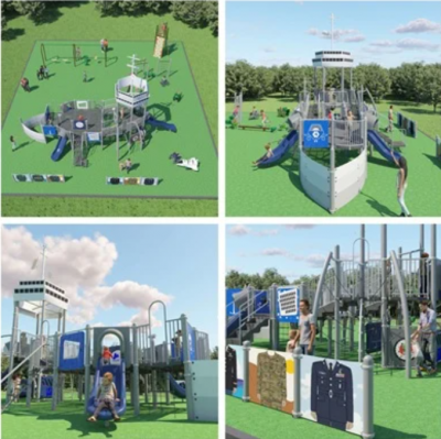 four-rendering collage of proposed playground objects.