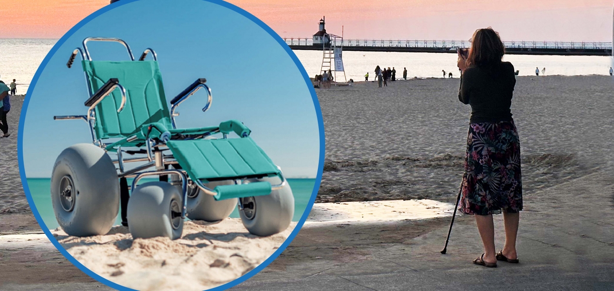 A composite image of a woman gazing at the sunset over Lake Michigan and a second picture of the beach wheelchair.