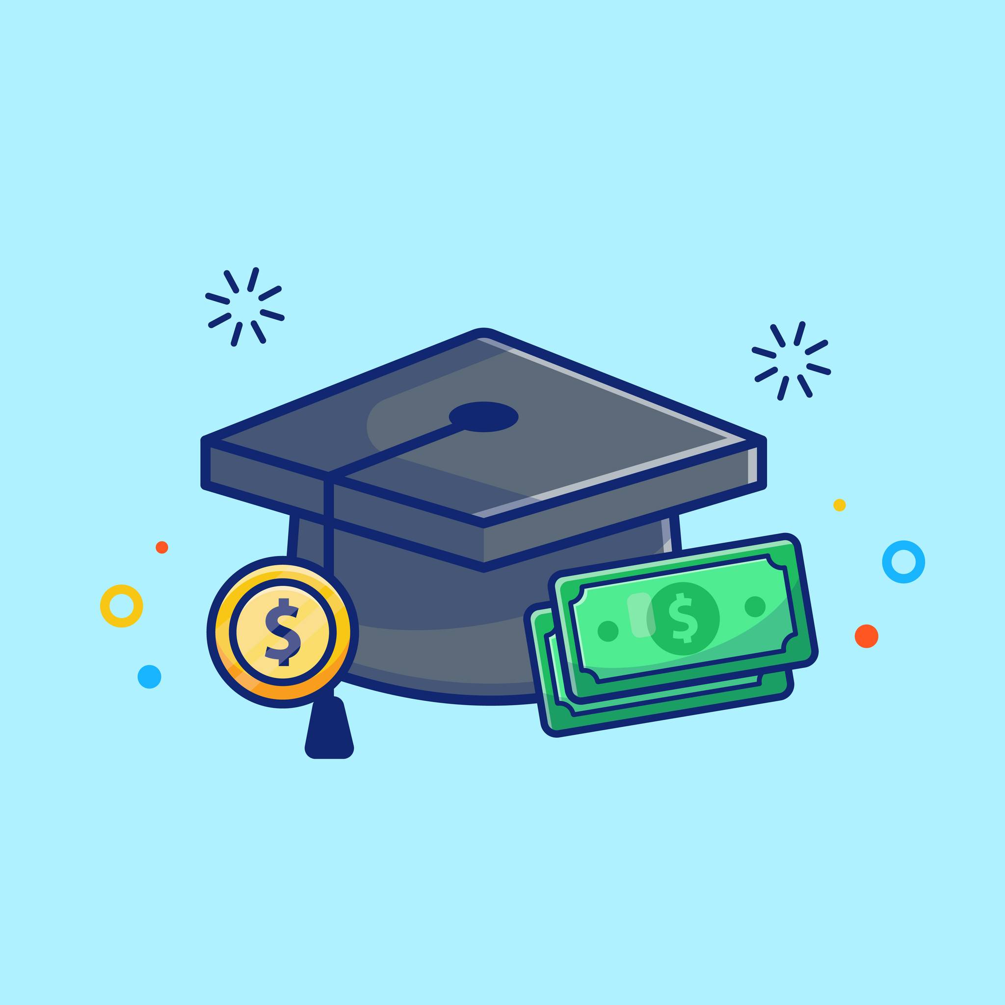 Vector image of a graduation cap and money.