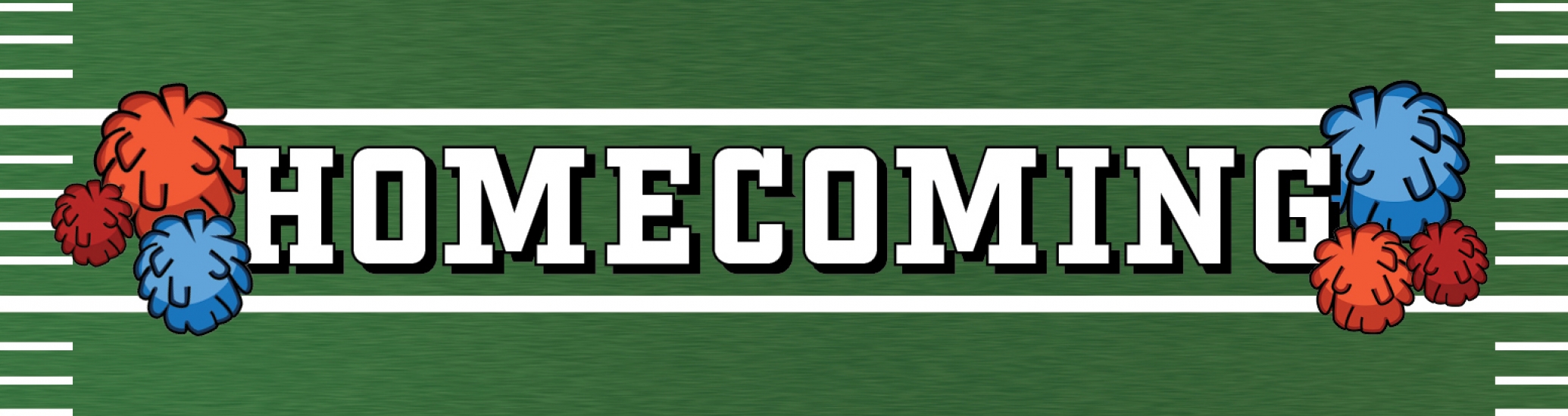 vector image of a football green and yard marks with the word, "homecoming" framed by pom poms.