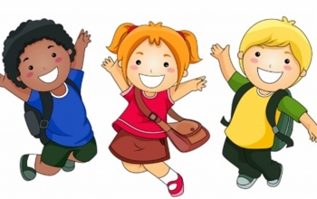 cartoon image of three children jumping into the air with arms raised.