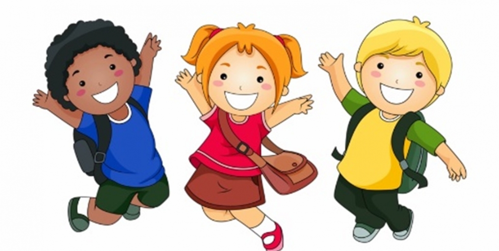 cartoon image of three children jumping into the air with arms raised.