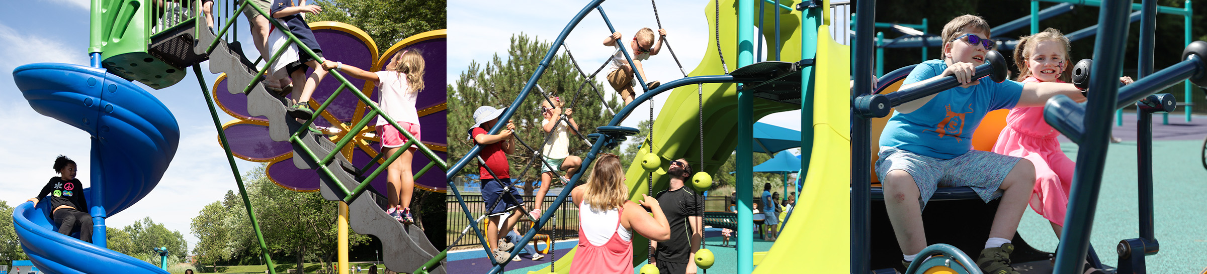collage of children playing on a colorful playground.